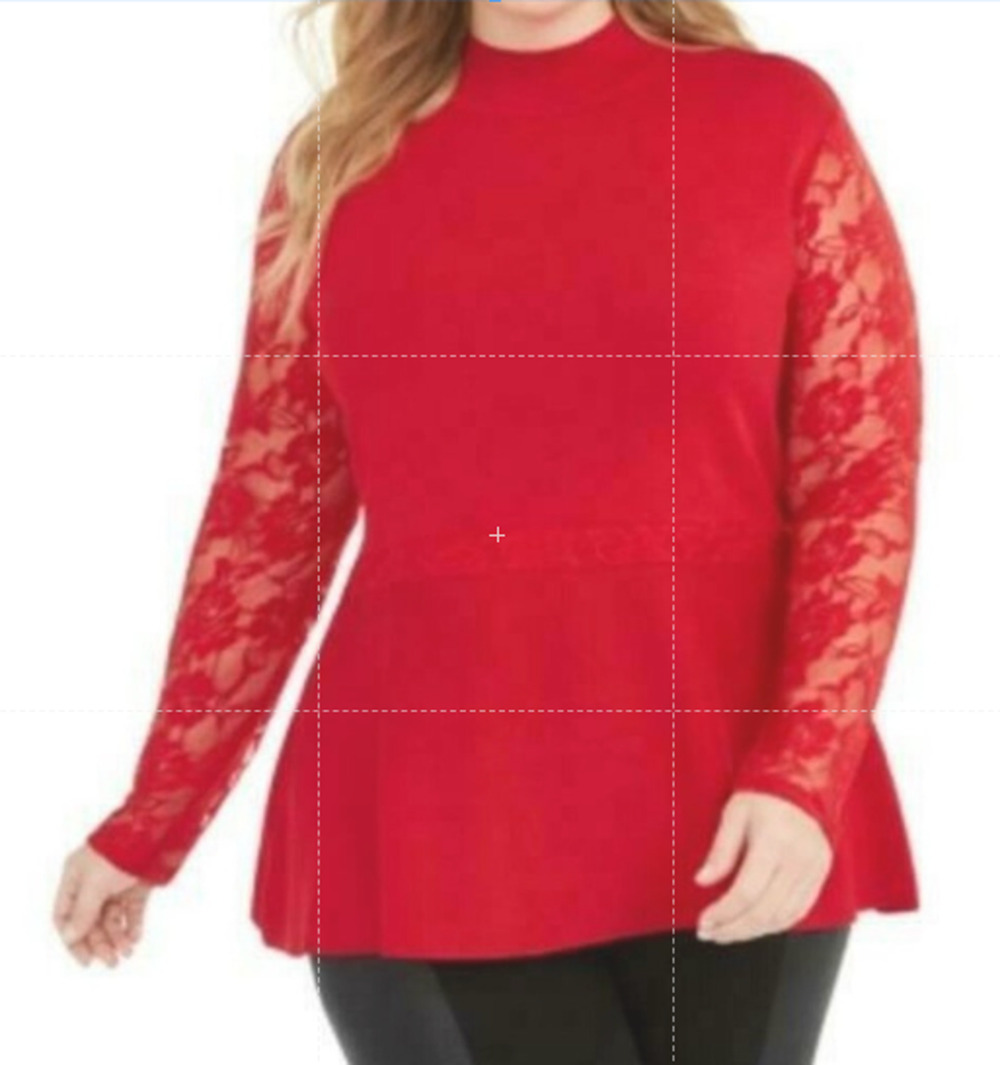 INC Sweater Women's 0X Real Red Lace Peplum Long Sleeve Floral Knit Pullover Top